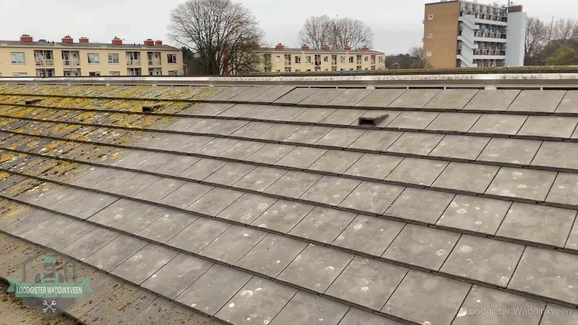 Dakpannen op een schuin dak in Waddinxveen Schuin dak met betonpannen vol mos in Waddinxveen, een risico op lekkage bij de pannen